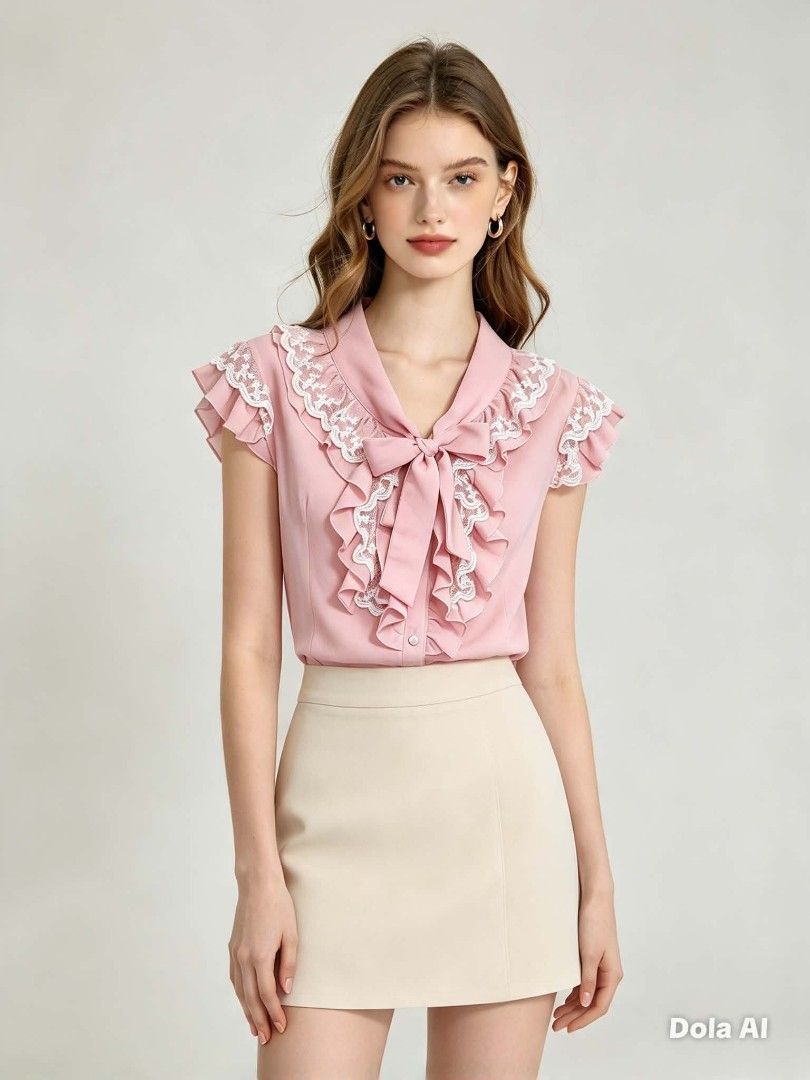 Pink Ruffle Bow Blouse with White Lace Trim (Category: Blouses) located in Caloocan City. Submitted by prelovedandnewtreasures (Listing ID 1464921507, Image 1). Description: - Color: Dusty pink - Style: Feminine and sweet - Details: White floral lace trim on collar, chest ruffles, cap sleeves, and ribbon tie neckline - Closure: Front buttons - Measurements: 22inches length inches length, 32-34 inches bust - Material: Smooth fabric - Styling: Grea