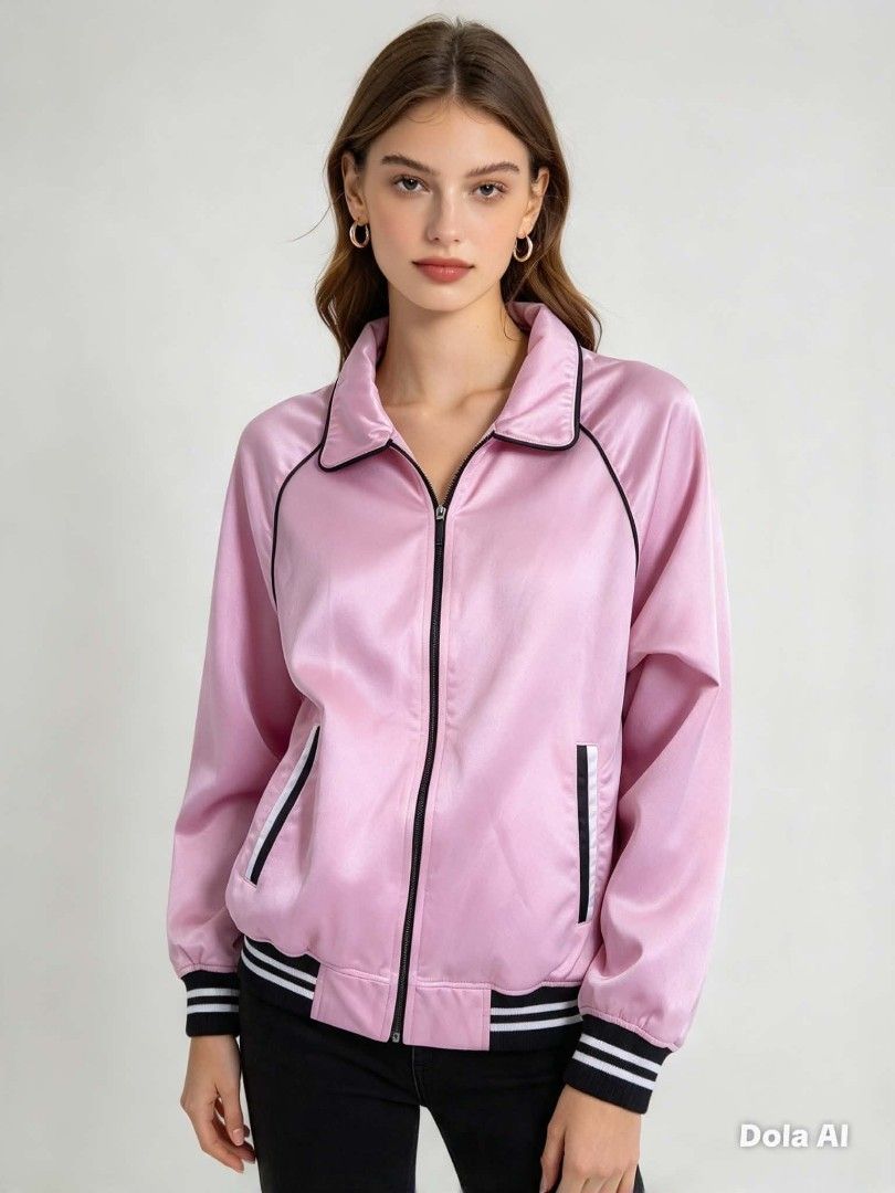 Pink varsity Jacket with Black Ribbed Trim (Category: Coats, Jackets and Outerwear) located in Caloocan City. Submitted by mylove326 (Listing ID 1464926056, Image 1). Description: - Brand: Morgan Republic - Color: Pink with black and white stripes - Features: Full zip, lapel collar, piped raglan sleeves, two front pockets - Details: Ribbed cuffs and hem with striped trim - Style: Sporty varsity jacket Putul lang zipper pero working naman.