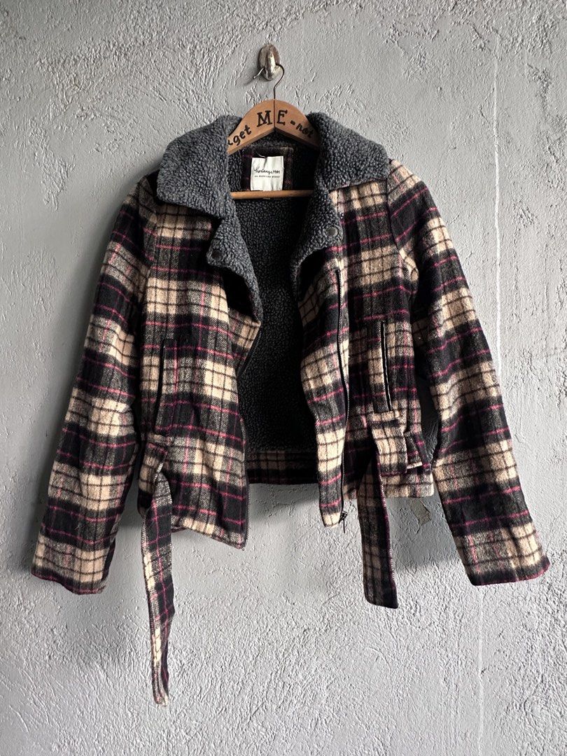 Plaid Sherpa Lined Biker Jacket (Category: Coats, Jackets and Outerwear) located in Binan City. Submitted by forgetmenot_ph (Listing ID 1464820141, Image 3). Description: - Brand/Style: Heritage 1981 plaid biker jacket - Color/Pattern: Black, beige, and pink check - Lining: Soft, fuzzy grey sherpa on the inside and wide collar - Features: Asymmetrical front zip, zipped cuffs, front pockets, and matching waist belt - Material: Textured wool-blend 