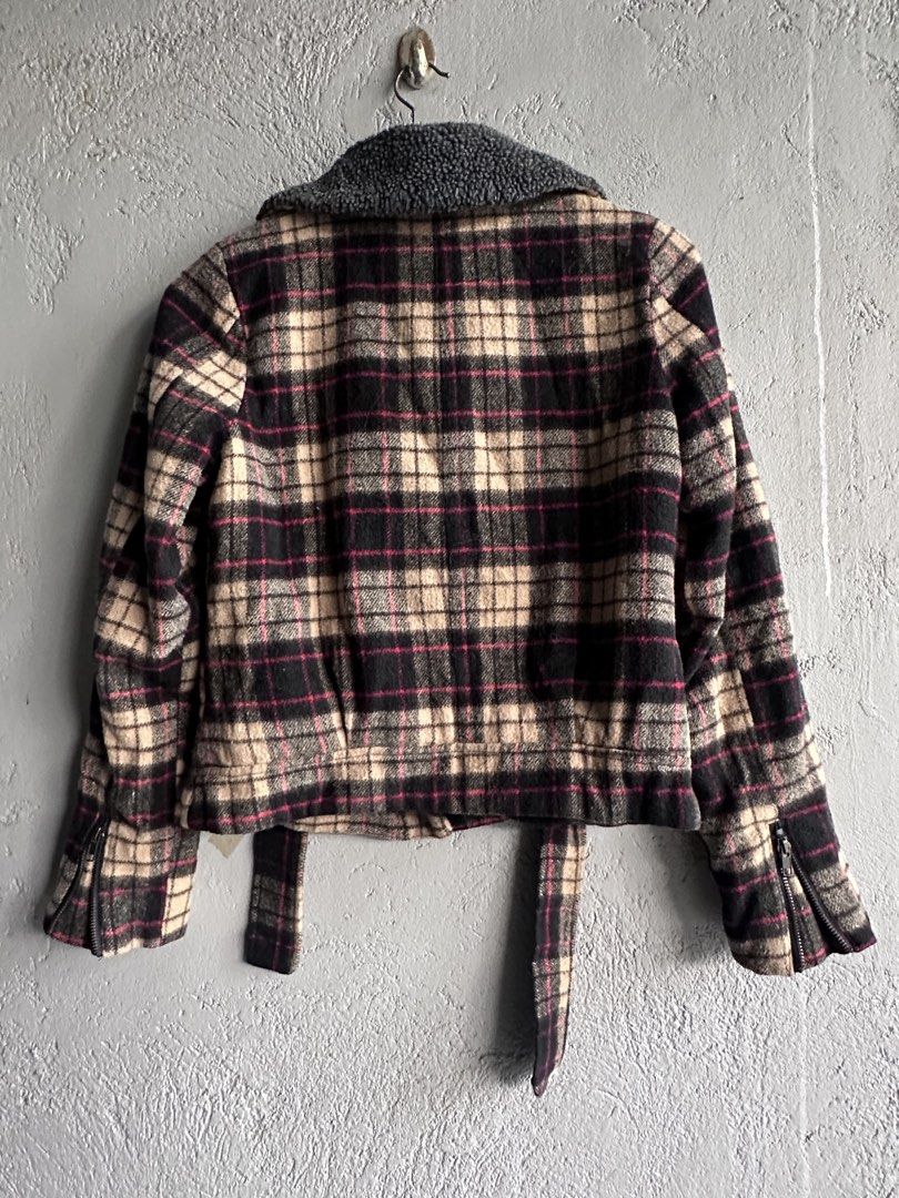Plaid Sherpa Lined Biker Jacket (Category: Coats, Jackets and Outerwear) located in Binan City. Submitted by forgetmenot_ph (Listing ID 1464820141, Image 2). Description: - Brand/Style: Heritage 1981 plaid biker jacket - Color/Pattern: Black, beige, and pink check - Lining: Soft, fuzzy grey sherpa on the inside and wide collar - Features: Asymmetrical front zip, zipped cuffs, front pockets, and matching waist belt - Material: Textured wool-blend 
