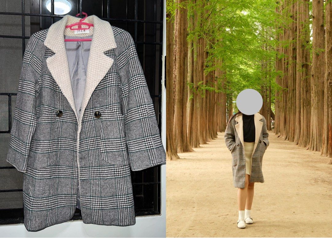 Plaid Wool Coat with Sherpa Collar (Category: Coats, Jackets and Outerwear) located in Dipolog. Submitted by kangseoan (Listing ID 1464822181, Image 1). Description: Worn once Size: Medium Height reference: 4’11”.