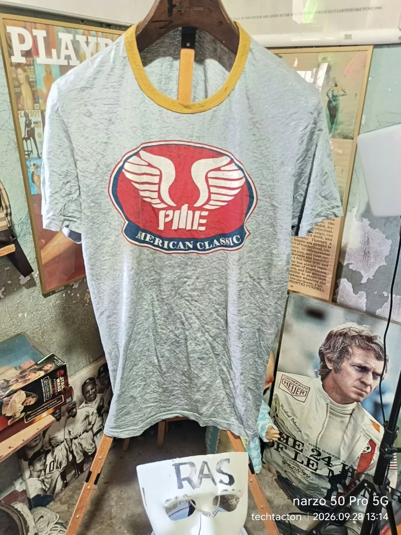 PME Legend & Chroma Zone Vintage T-Shirts Bundle (Category: Tshirts & Polo Shirts ) located in Santo Tomas. Submitted by pickers_corner (Listing ID 1464775252, Image 2). Description: RINGER t shirt as pack 1000 + sf all excellent condition --KING of HEARTS size M dime 23x29 --PMC American Classic size M 23x27.5 - Bundle includes 2 vintage ringer t-shirts - Shirt 1: Grey with gold collar and PME Legend American Classic winged logo - Shirt 2: Brown