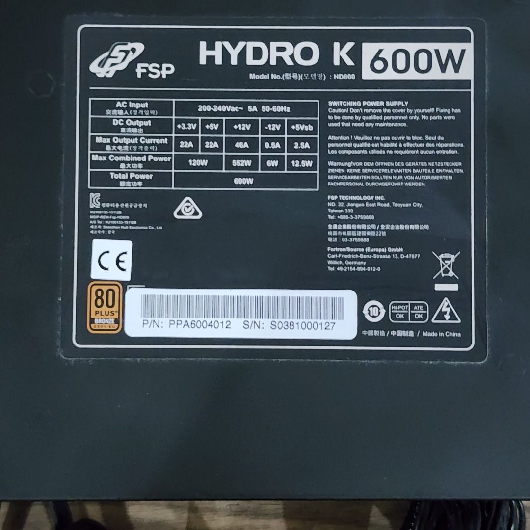 Power Supply 600w Hydro K (Category: Computer Parts) located in Caloocan City. Submitted by rlasked (Listing ID 1464903391, Image 2). Description: Fs lightly used nag upgrade agad sa 750w power supply dahil sa new video card.