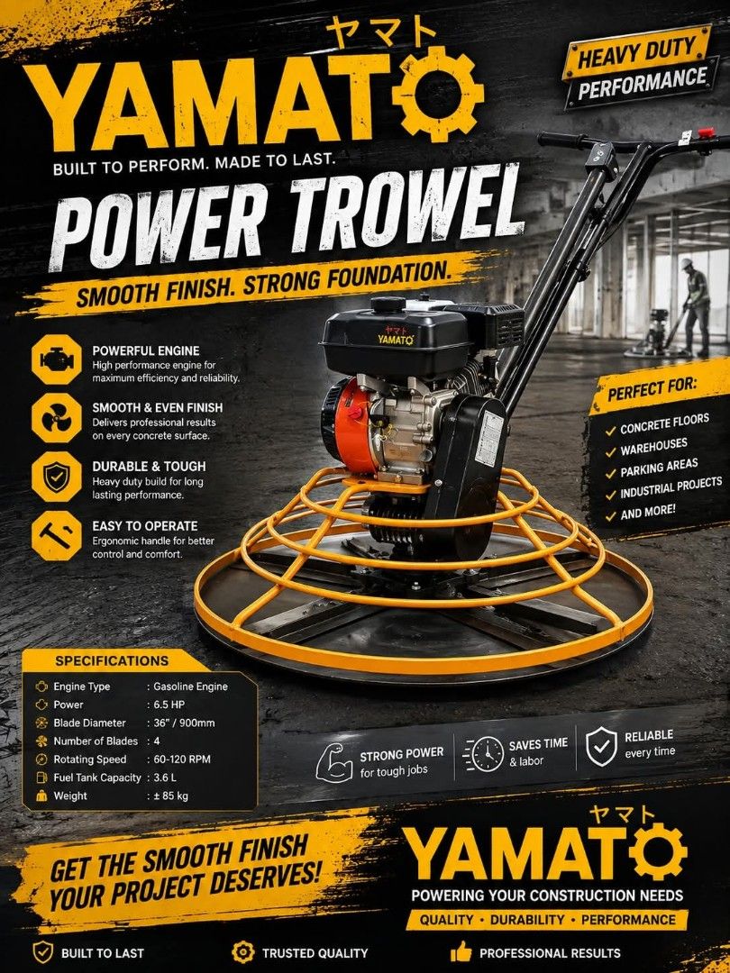 Power trowel (Category: Announcements) located in Manila. Submitted by mightystone_e27faa (Listing ID 1464810201, Image 1). Description: YAMATO POWER TROWEL SPECS : ✅ Model: DMR1000 ✅Plate Diameter: 1000 mm ✅ Rotate Speed: 66-132 r/min ✅ Blade Nos: 4 pcs ✅ Pave Width: 900 mm ✅Pave Speed: 30 m/h ✅ Pave Thickness: 3 mm ✅ Motor Power: 6.5 HP ✅ Gross Weight: 85 kg ✅ Overall Size: φ1000×650 m For more inquires pls feel free to call us @ 09629280117.