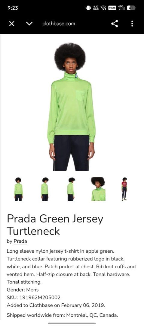 PRADA GREEN JERSEY TURTLENECK (Category: Longsleeves) located in Dasmarinas. Submitted by jessputrages (Listing ID 1464855366, Image 2). Description: For sale Prada Excellent condition No issue 9000 + sf Pm for more details.