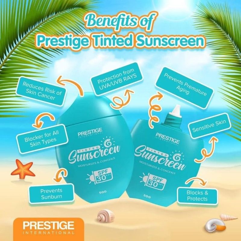 Prestige Tinted Sunscreen (Category: Face Care) located in Manila. Submitted by jadrianzen (Listing ID 1464895613, Image 2). Description: Introducing Prestige Tinted Sunscreen - a soft, creamy-textured formula that serves as a base cream and sunscreen, leaving a dewy effect on your skin. It's the perfect solution for saving time and achieving a lightweight look. This tinted sunscreen is ideal for dull skin, as it smoothly covers blemishes and dul