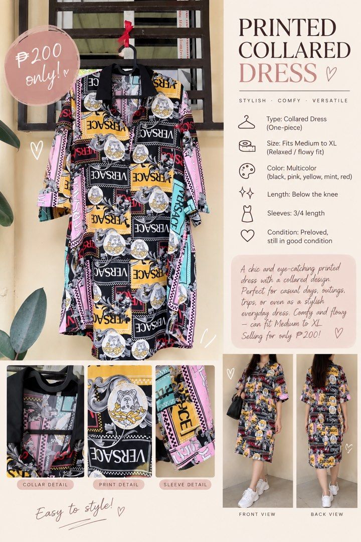 Printed Collared Dress Multicolor Medium to XL (Category: Dresses) located in Manila. Submitted by keiscorner (Listing ID 1464812150, Image 1). Description: 💗 COLORFUL PRINTED OVERSIZED SHIRT | M–XL ₱200 only ✨ Super cute statement piece with a bold multicolor baroque-inspired print! Gifted to me but not really my style, so letting it go for only ₱200. 🫶 • Size: Can fit Medium to XL • Fit: Relaxed / oversized • Color: Multicolor — black, pink, 
