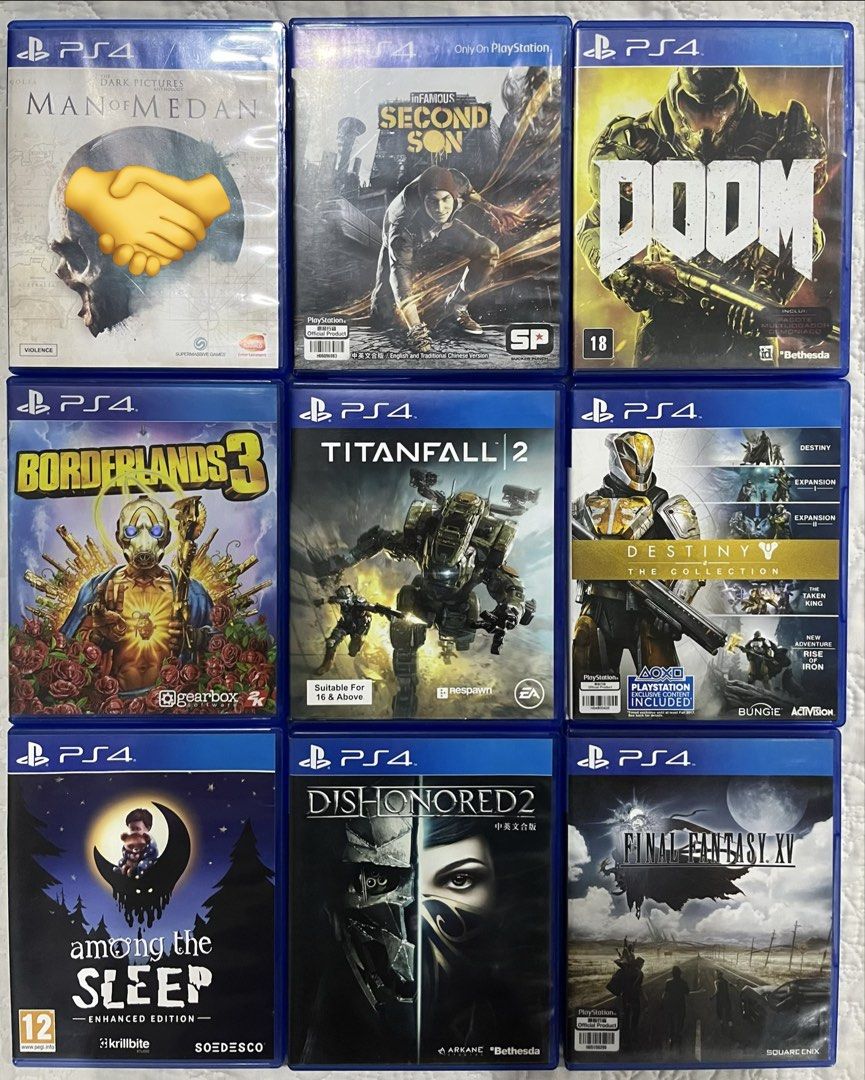 PS4 Games Bundle (Category: PlayStation) located in Manila. Submitted by skt0s (Listing ID 1452043372, Image 1). Description: Marikina Area / Manila, Taft *GET 3 - 400 EACH Destiny - 300 FFXV - 500 Infamous SS - 500 Dishonored 2 - 500 Titanfall 2 - 500 Borderlands 3 - 500 Doom - 500 Among The Sleep - 500 .