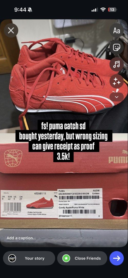 Puma Catch Sd Candy Apple White (Category: Sneakers) located in Manila. Submitted by olykkolos (Listing ID 1464821560, Image 2). Description: - Brand: Puma Suede (Candy Apple Red / White) - Condition: Brand new, deadstock, never worn outside - Size: Men's US 9 / EUR 42 / UK 8 - Reason for selling: Wrong sizing (bought yesterday) - Inclusions: Original box and receipt available upon request.