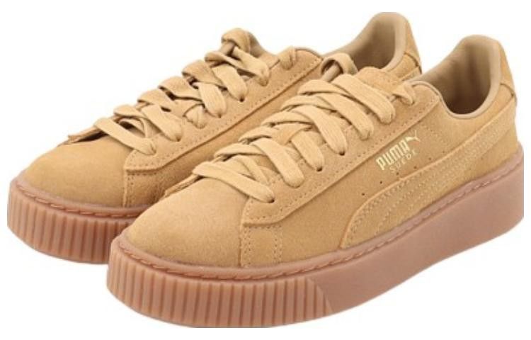 Puma Suede Platform Gum Brown Sneakers (Category: Sneakers) located in Manila. Submitted by jiyannnbns (Listing ID 1464901544, Image 2). Description: - Brand: Puma - Material: Tan suede upper with tonal laces - Sole: Thick ribbed gum rubber platform for extra height - Details: Classic design with metallic gold side branding - Condition/Use: Clean finish, great for easy everyday styling.