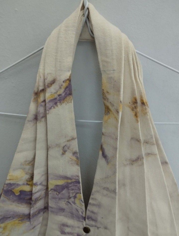 Purple Yellow Marbled Canvas Tote Bag (Category: Tote Bags) located in Mabalacat. Submitted by uniqlover (Listing ID 1464887272, Image 2). Description: - Material: Durable fabric tote bag - Design: Purple and yellow marbled pattern on a neutral off-white base - Closure: Open top with a single bronze-tone button - Details: Structured pleated construction near the handles - Condition: Clean inside and out, with no stains or visible wear.