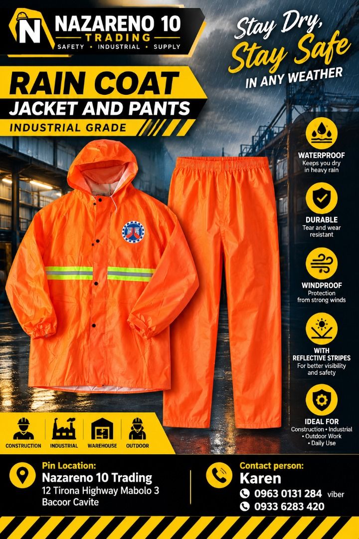 RAIN COAT JACKET AND PANTS (Category: Looking For) located in Bacoor. Submitted by kajezame.2021 (Listing ID 1464800580, Image 1). Description: RAIN COAT JACKET AND PANTS For More Details and Discount Contact Ms. Karen NAZARENO 10 TRADING 0963 0131 284 0933 6283 420 0956 7028 557 0933 8559 510 Landline: Look for Ms. Karen (046 ) 416 3920 Also available: • Traffic cone • Parking Block stopper • Hooded trash bin • Road Plastic Barrier • Spill boom 