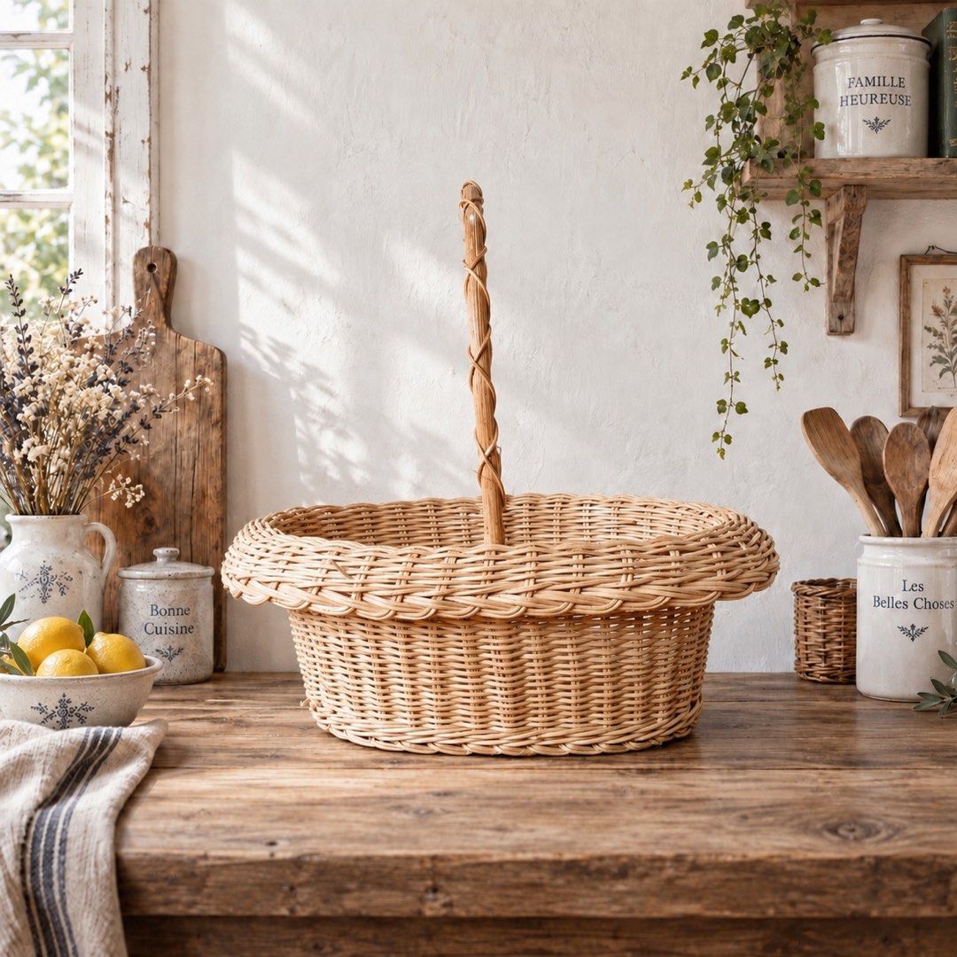 Rattan Wicker Basket with Long Handle (Category: Other Home Decor) located in Quezon City. Submitted by handpickedecors (Listing ID 1464878908, Image 1). Description: Rattan Wicker Basket with Long Handle 270.00 Size: 5”H x 12”L x 9”W.