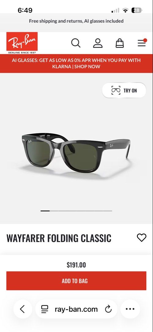 Ray-Ban Folding Wayfarer Negotiable (Category: Sunglasses & Eyewear) located in Manila. Submitted by turkssss (Listing ID 1464817492, Image 1). Description: FOR SALE ! ₱5000 only RAY-BAN FOLDING WAYFARER RB4105 POLISHED BLACK G15 LENSES LENS SIZE : 50 BRIDGE SIZE : 22 NO ISSUE BRAND NEW CONDITION VIA LBC / MEET UP BACOLOD AREA.