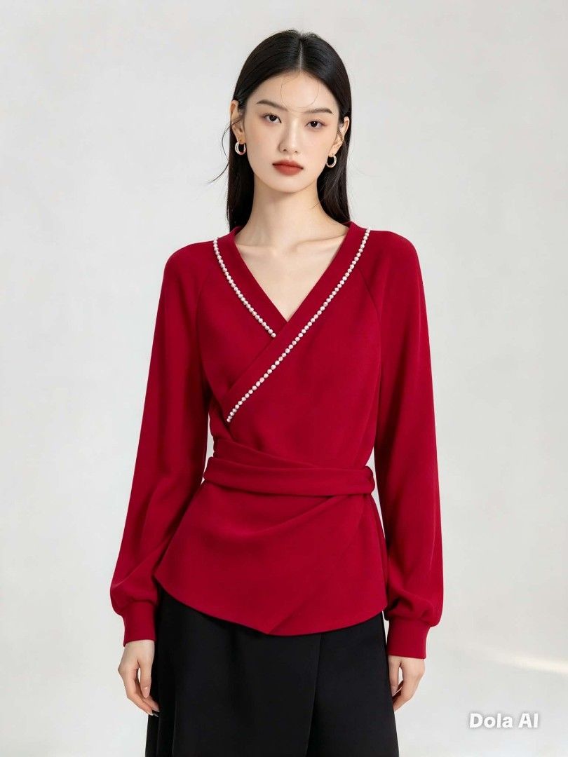 Red pearl-trimmed wrap (Category: Blouses) located in Caloocan City. Submitted by mylove326 (Listing ID 1464924258, Image 2). Description: - red top and open-front cardigan set - Chic white faux pearl accents along the lapel and wrap neckline - Soft and comfortable fabric with long sleeves and ribbed cuffs - Measures approximately 21 inches down the front - Versatile pieces that can be worn together or styled separately for work and play Bago po 