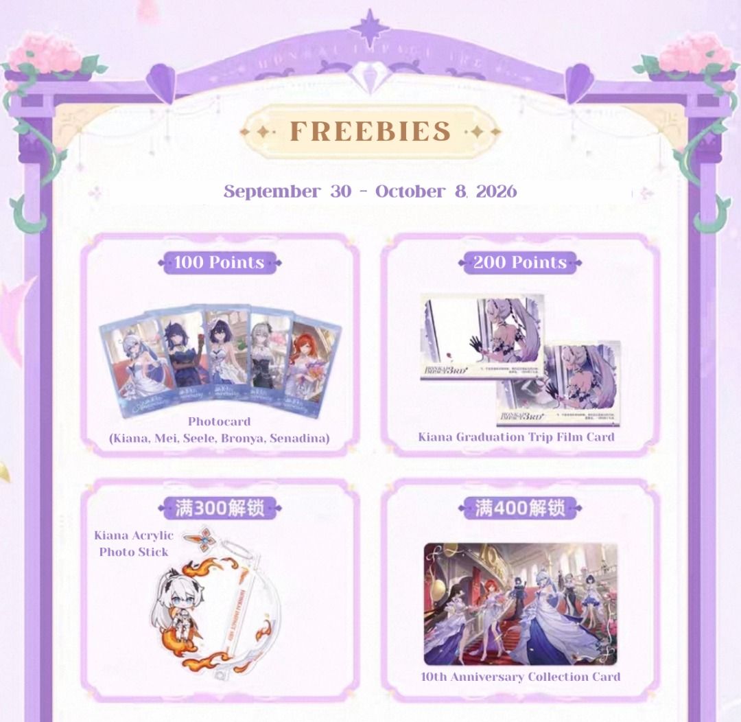 Reminder Freebies for New Honkai Impact 3 Merch (Category: Announcements) located in General Mariano Alvarez. Submitted by eiimei (Listing ID 1464957237, Image 1). Description: September 30 - October 8, 2026 Kindly order from honkai impact new merch to accumulate your points and to reach certain freebies Extra freebies to claim eta: june 2027 50% dp required to reserve • Kiana Photocard - P250 (CLAIMED) • Kiana Graduation Trip Film Card - P350 (C