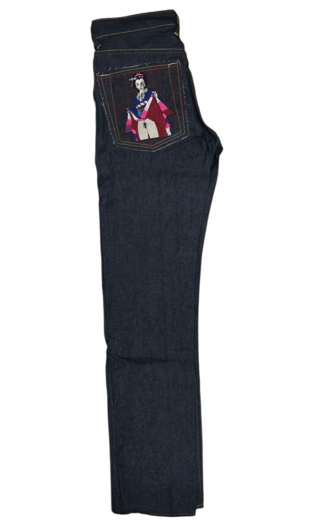 RMC( Red Monkey Company) Jeans (Category: Jeans) located in Digos. Submitted by emmanuel28 (Listing ID 1464806071, Image 3). Description: Y2K Archival Piece RMC Geisha Wave Design Brand new with Hangtag Brought from Japan W/ Original Vintage Wooden box Embroidery Selvedge Size 30 on Tag Actual measurements: Waist - 33 Length - 47 inches Leg Opening - 8 inches Location: Davao del sur Selling below SRP ($450 MSRP on tag) Buyer shoulders shipping fe