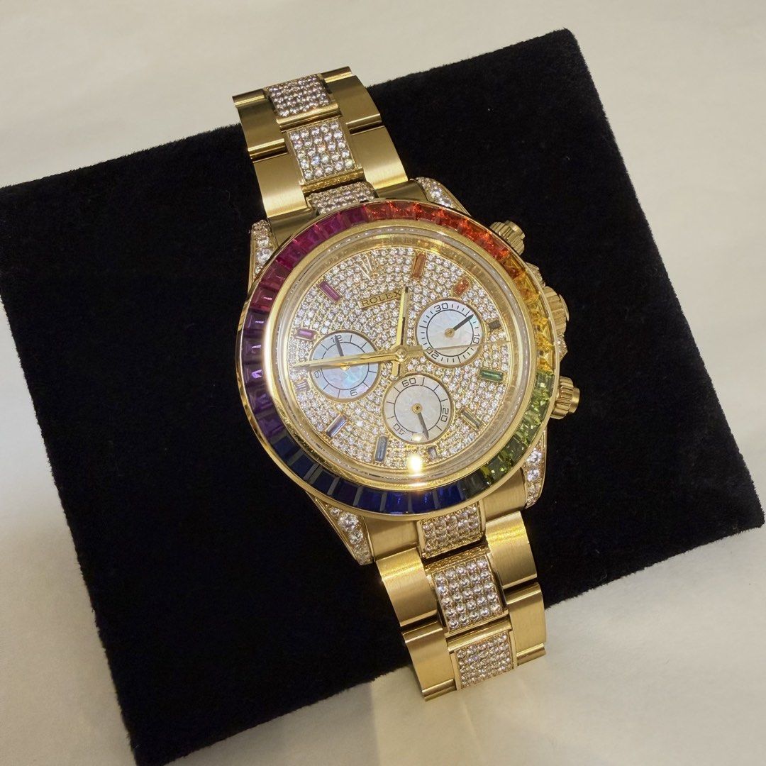 Rolex Daytona Rainbow (Category: Luxury Watches) located in Manila. Submitted by poppyany (Listing ID 1464942671, Image 1). Description: Rolex Daytona Rainbow in Yellow Gold. Middle links are fully paved with Moissanite stones. Swiss. Bought this for 70K. No box..