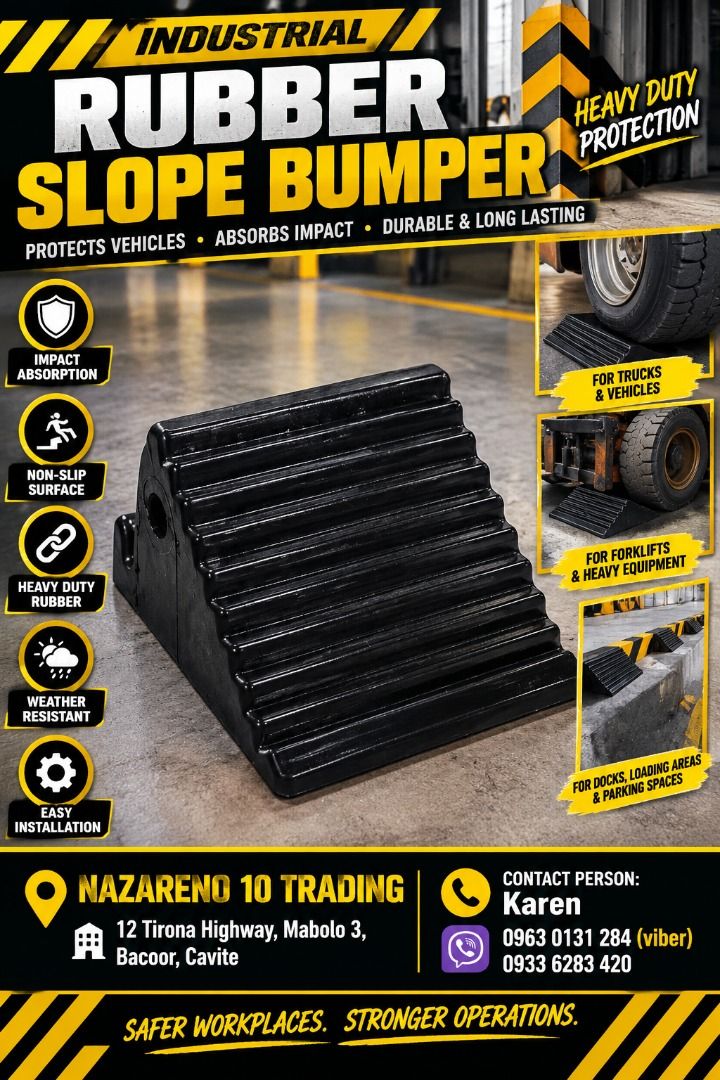 RUBBER SLOPE BUMPER (Category: Looking For) located in Bacoor. Submitted by kajezame.2021 (Listing ID 1464817217, Image 1). Description: RUBBER SLOPE BUMPER For More Details and Discount Contact Ms. Karen NAZARENO 10 TRADING 0963 0131 284 0933 6283 420 0956 7028 557 0933 8559 510 Landline: Look for Ms. Karen (046 ) 416 3920 Also available: • Traffic cone • Parking Block stopper • Hooded trash bin • Road Plastic Barrier • Spill boom • Fishing buoy