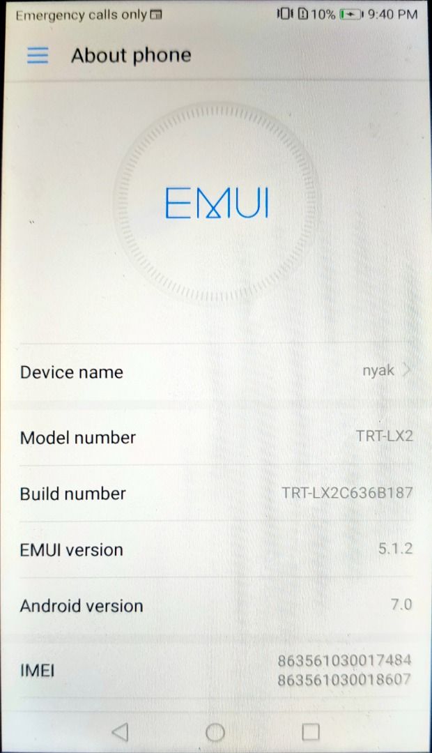 RUSH Huawei Y7 TRT-LX2 - 700 (Category: Huawei) located in Caloocan City. Submitted by uriel_mabangis (Listing ID 1464965302, Image 3). Description: Working perfectly, touchscreen/display/camera/fingerprint/anysim/charging all working. Issues: may maliit na dent sa likod, cosmetic lang. Volume up button may putol na part pero gumagana pa rin both volume up/down. Old phone, selling as-is. Good for backup/basic use. May 16gb sd micro sd sa loob. Ma
