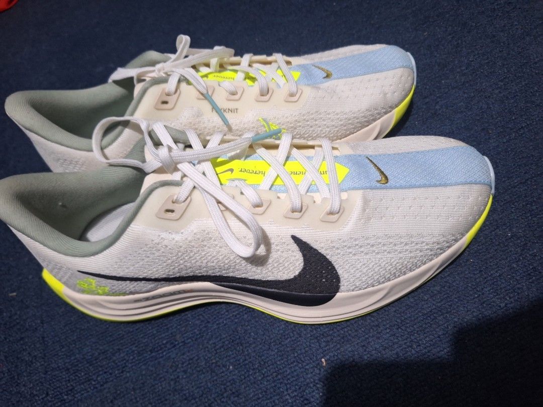 Rush nike pegasus plus size 10.5 (Category: Casual Shoes) located in Manila. Submitted by adolphreyes645 (Listing ID 1464841251, Image 3). Description: - Authentic Nike ZoomX Flyknit running shoes - Color: Cream with light blue and neon yellow accents - Breathable knit upper with standard white lace-up fastening - Contrast black swoosh on the side - Chunky cushioned sole for maximum comfort and support - Bright yellow outsole details for extra gr