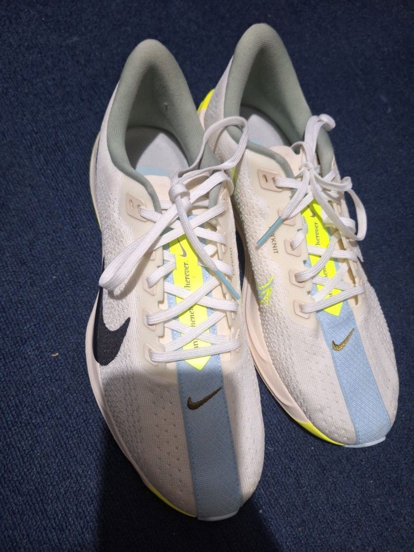 Rush nike pegasus plus size 10.5 (Category: Casual Shoes) located in Manila. Submitted by adolphreyes645 (Listing ID 1464841251, Image 1). Description: - Authentic Nike ZoomX Flyknit running shoes - Color: Cream with light blue and neon yellow accents - Breathable knit upper with standard white lace-up fastening - Contrast black swoosh on the side - Chunky cushioned sole for maximum comfort and support - Bright yellow outsole details for extra gr