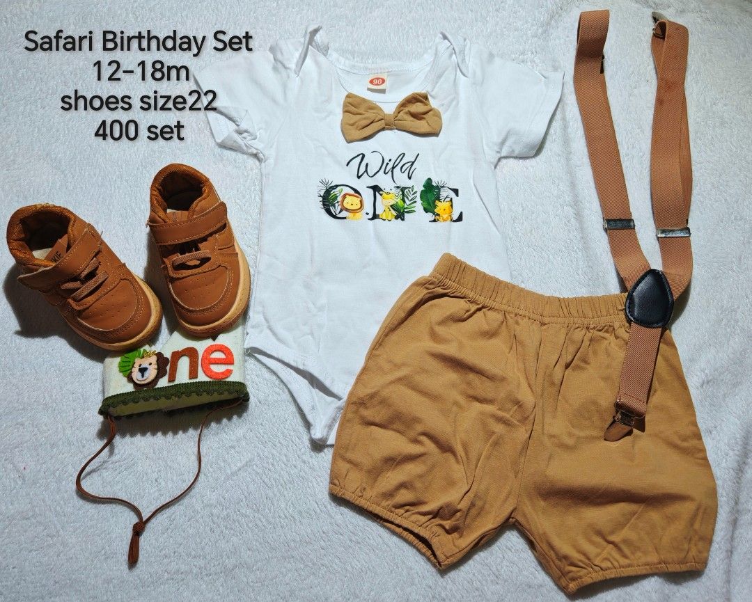 Safari Birthday Set with shoes (Category: Babies & Kids Fashion) located in Quezon City. Submitted by maypamor (Listing ID 1464864439, Image 1). Description: - Size: 12 to 18 months - Perfect for 1st birthday parties and cake smash photoshoots - Complete 4-piece set - Includes white bodysuit with stylish bow tie and safari animal print text - Brown shorts feature attached suspenders for a cute, complete look - Comes with matching brown shoes and 