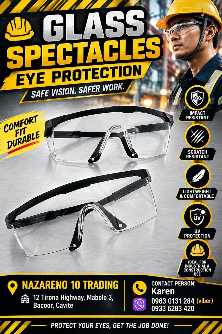 SAFETY EYE GLASS SPECTACLES (Category: Looking For) located in Bacoor. Submitted by kajezame.2021 (Listing ID 1464805583, Image 1). Description: SAFETY EYE GLASS SPECTACLES For More Details and Discount Contact Ms. Karen NAZARENO 10 TRADING 0963 0131 284 0933 6283 420 0956 7028 557 0933 8559 510 Landline: Look for Ms. Karen (046 ) 416 3920 Also available: • Traffic cone • Parking Block stopper • Hooded trash bin • Road Plastic Barrier • Spill boo
