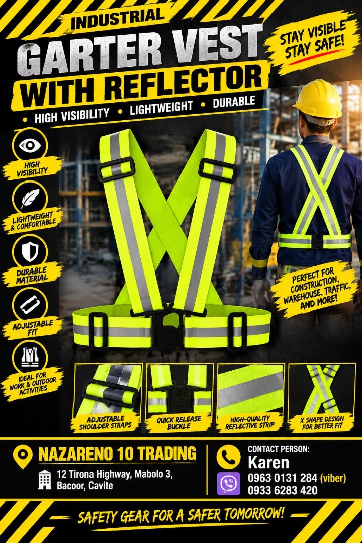 SAFETY VEST WITH REFLECTOR GARTER TYPE (Category: Looking For) located in Bacoor. Submitted by kajezame.2021 (Listing ID 1464841503, Image 1). Description: SAFETY VEST WITH REFLECTOR GARTER TYPE For More Details and Discount Contact Ms. Karen NAZARENO 10 TRADING 0963 0131 284 0933 6283 420 0956 7028 557 0933 8559 510 Landline: Look for Ms. Karen (046 ) 416 3920 Also available: • Traffic cone • Parking Block stopper • Hooded trash bin • Road Plast