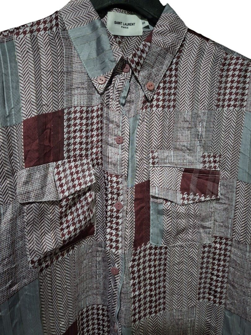 Saint Laurent Paris (Category: Luxury Apparel) located in San Juan (Cabalian). Submitted by ec8thrift (Listing ID 1464903766, Image 3). Description: - Brand: Saint Laurent Paris - Size: Small - Design: Multi-pattern patchwork (houndstooth, herringbone, and solid panels) in burgundy, grey, and white - Details: Features eye-catching gold metallic threading throughout - Pockets: Two chest pockets with button flaps - Closures: Unique pink buttons dow