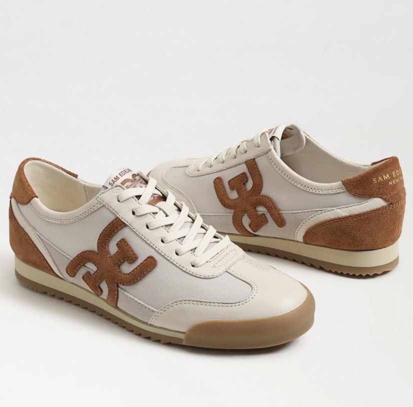 Sam Edelman Low-Top Trainers Cream Brown (Category: Sneakers) located in Manila. Submitted by cleverwater.ba6482 (Listing ID 1464900891, Image 1). Description: - Brand: Sam Edelman New York - Style: Retro-inspired cream and brown sneakers - Material: Durable suede paneling at the toe, heel, and side logo - Comfort: Clean cushioned interior with gold printed insoles - Sole: Textured gum rubber for everyday traction - Versatility: Neutral colorway 