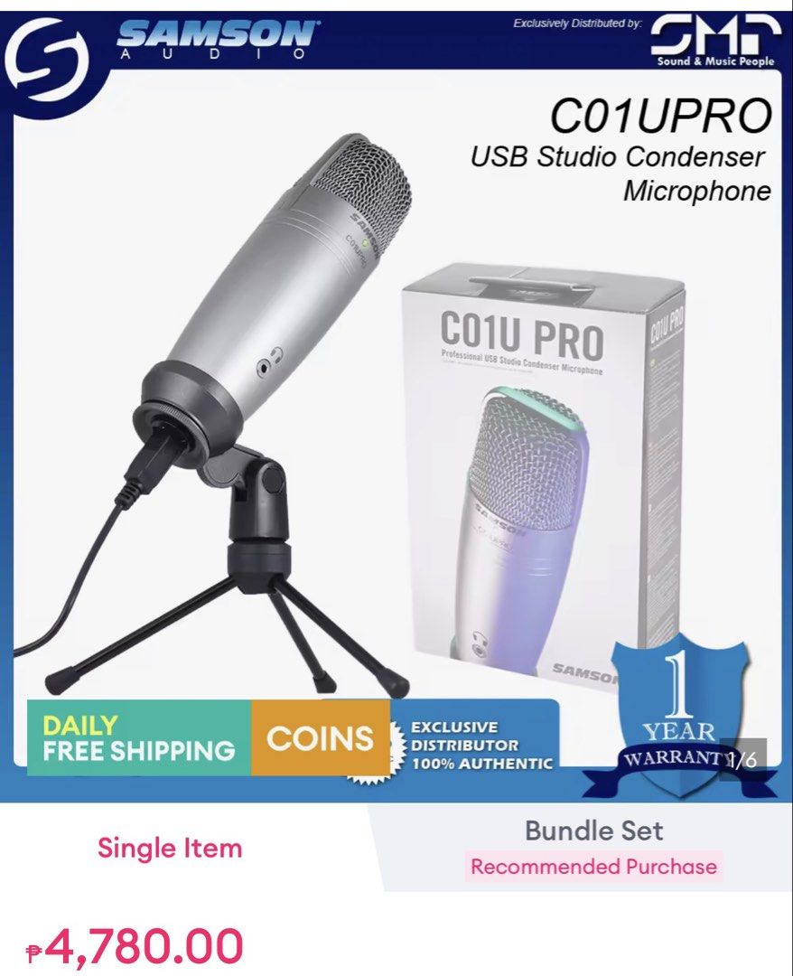 Samson C01U Pro USB Studio Condenser Microphone (Category: Microphones) located in Bulacan. Submitted by bien_finds (Listing ID 1464843725, Image 1). Description: - Product: Original Samson C01U Pro USB Studio Condenser Microphone - Condition: Clean, tested, and 100% working properly - Features: Plug-and-play design (no drivers needed), ideal for streaming, podcasting, and voiceovers - Inclusions: Mini tripod stand, mic clip, and USB cable - Read
