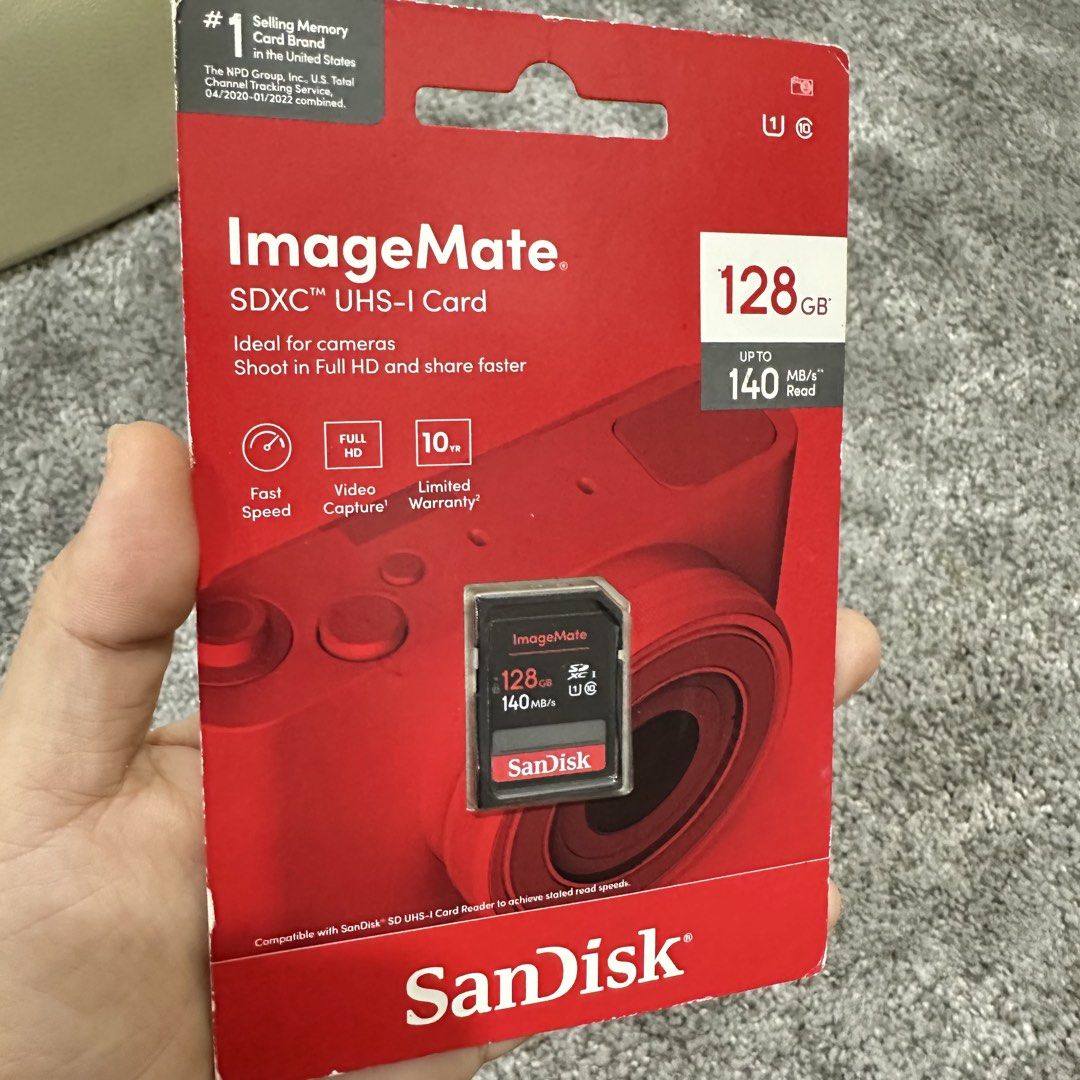Sandisk Image Mate (Category: Memory & SD Cards) located in Paranaque City. Submitted by changingclassic (Listing ID 1464802117, Image 2). Description: - Brand: SanDisk - Model: ImageMate SDXC UHS-I Card - Storage Capacity: 128GB - Read Speed: Up to 140MB/s - Ideal for Full HD video recording and high-resolution photography (up to 8,000 photos or 160 minutes of video) - Built for durability: Water-proof, temperature-proof, X-ray proof, and shock-
