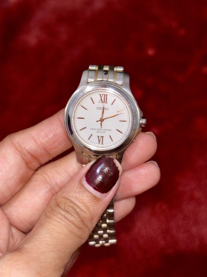 Seiko Radio Wave Control Solar Watch (Category: Women's Watches) located in Manila. Submitted by maizhel (Listing ID 1464884424, Image 2). Description: For sale: Seiko vintage solar radio from 🇯🇵 for only 4000pesos no box in good condition, with dents signs of usage.. RFS: bawas watch may paparating na namn ksi galing japan 🇯🇵 Loc: montalban rizal Delivery: lalamove/j&t Mop:gcash - Brand: Seiko - Movement: Solar-powered, radio wave controlled