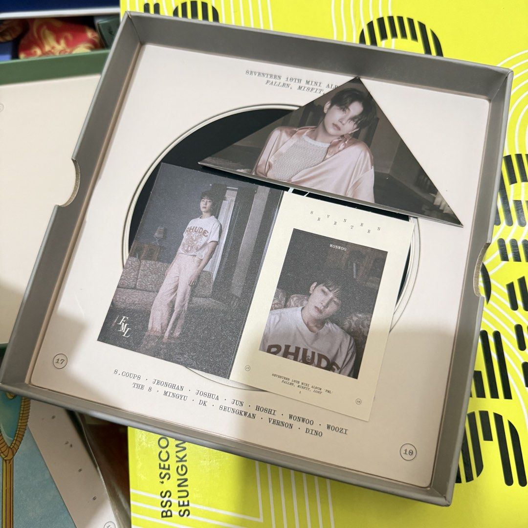 SEVENTEEN 10th Mini Album FML Fallen Misfit Lost (Category: CDs & DVDs) located in Cavite. Submitted by woonkyeom (Listing ID 1464892582, Image 3). Description: - Album: SEVENTEEN 10th Mini Album 'FML' (Fallen, Misfit, Lost version) - Release Year: 2023 (Pledis Entertainment / Hyve & YG Plus) - Inclusions: Original outer box, official photocards, and Wonwoo member photo insert - Condition: All contents carefully kept inside original packaging - P