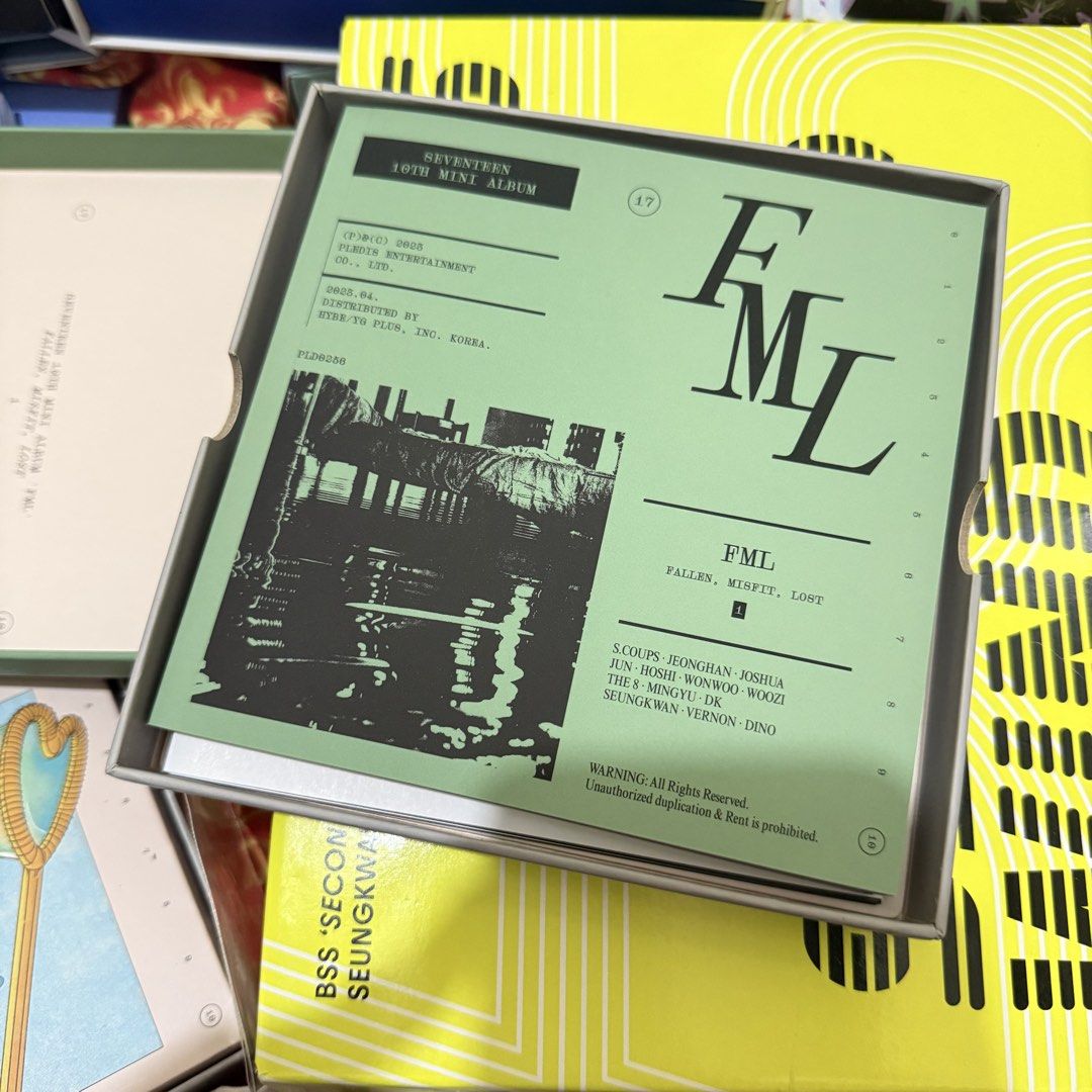 SEVENTEEN 10th Mini Album FML Fallen Misfit Lost (Category: CDs & DVDs) located in Cavite. Submitted by woonkyeom (Listing ID 1464892582, Image 2). Description: - Album: SEVENTEEN 10th Mini Album 'FML' (Fallen, Misfit, Lost version) - Release Year: 2023 (Pledis Entertainment / Hyve & YG Plus) - Inclusions: Original outer box, official photocards, and Wonwoo member photo insert - Condition: All contents carefully kept inside original packaging - P