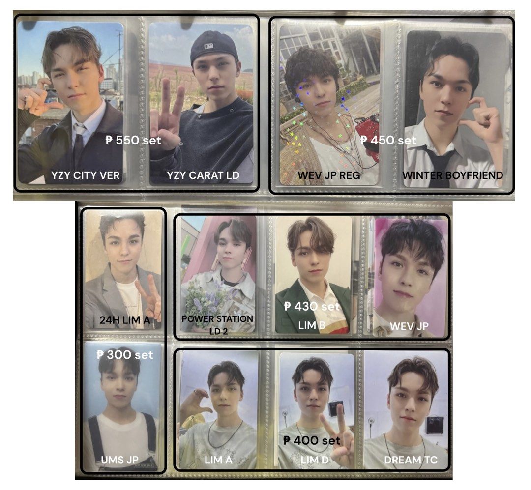 SEVENTEEN Vernon Photocard (Category: K-Wave Merchandise) located in Taguig. Submitted by jihooniesells (Listing ID 1464814600, Image 2). Description: - Includes YZY, lucky draws, and POB sets - Price on photo - 2 weeks DOP 20% nrdp (payo) - DM for specific sets, availability, or questions .