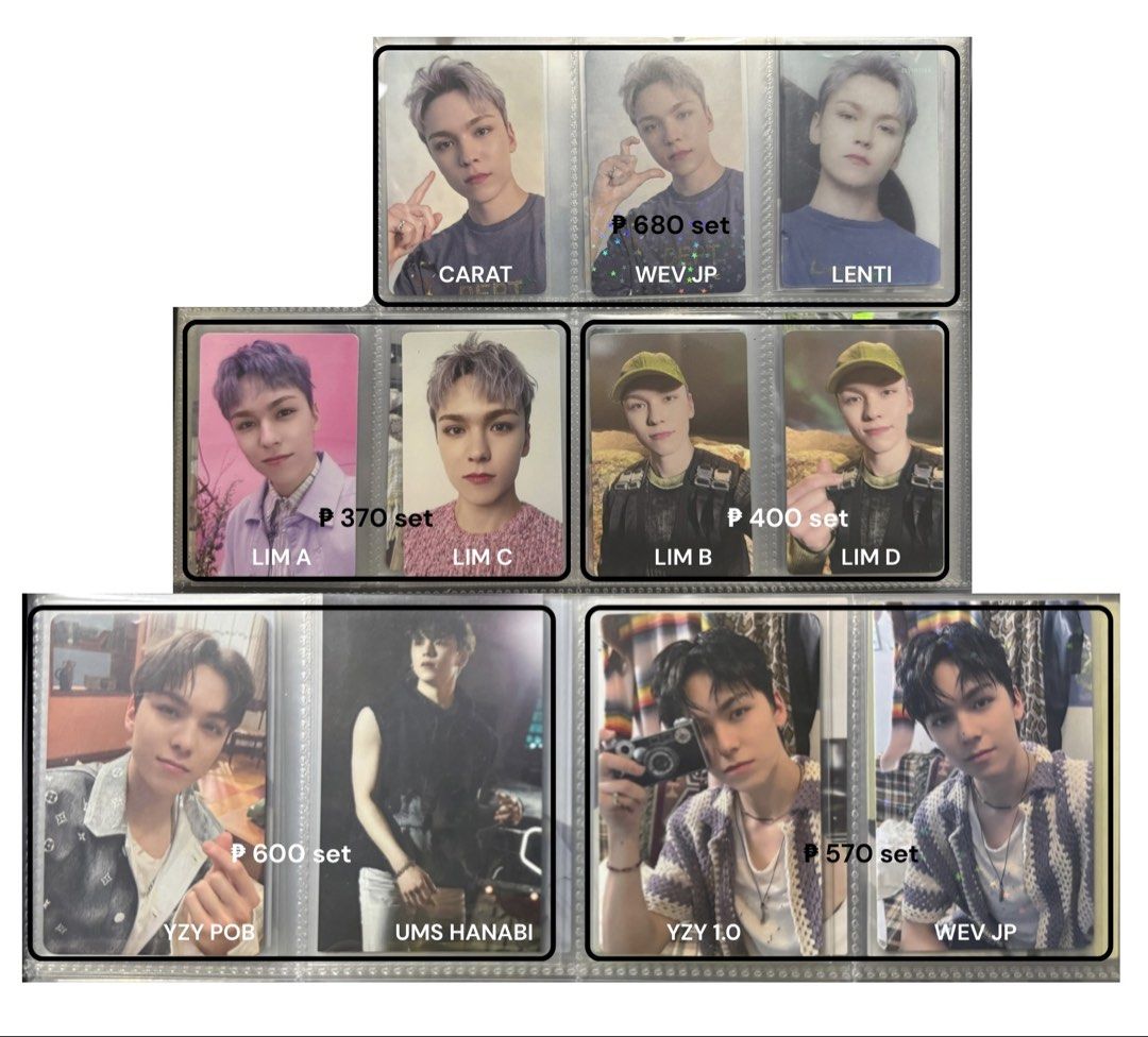 SEVENTEEN Vernon Photocard (Category: K-Wave Merchandise) located in Taguig. Submitted by jihooniesells (Listing ID 1464814600, Image 3). Description: - Includes YZY, lucky draws, and POB sets - Price on photo - 2 weeks DOP 20% nrdp (payo) - DM for specific sets, availability, or questions .