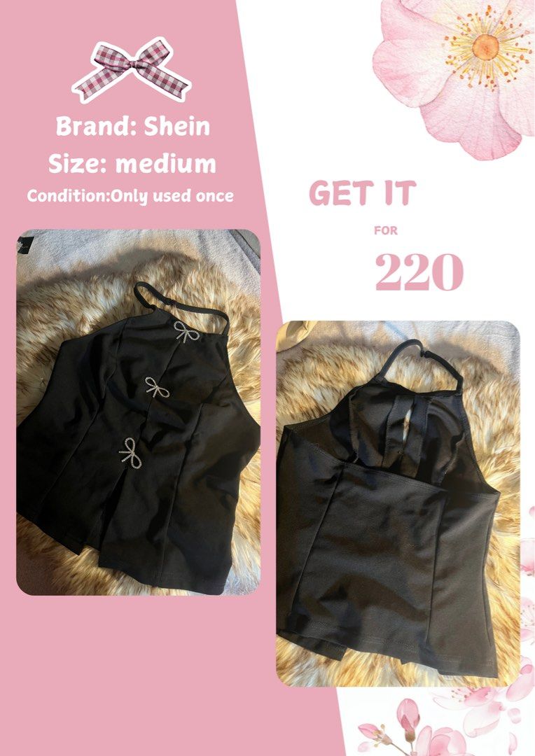 Shein Black Bow Halter Top (Category: Sleeveless) located in Las Pinas. Submitted by francesaly (Listing ID 1464795007, Image 1). Description: - Brand: Shein - Size: Medium - Color: Black - Design: Halter top with front split and open back - Details: Three rhinestone bow accents and adjustable strap - Condition: Worn once, basically brand new, clean and ready to wear.