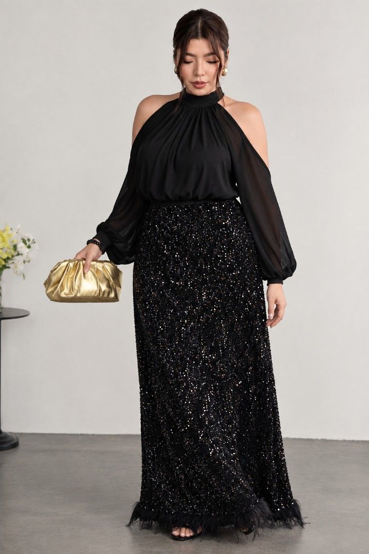 Shein Curve Black Sequin Skirt (Category: Skirts) located in Manila. Submitted by babeboxtheory (Listing ID 1464900749, Image 1). Description: - Brand: Shein Curve - Size: 4XL - Color: Classic Black - Details: Fully covered in sparkling sequins with a stylish black feather-trimmed hem - Comfort: Features a soft velvet waistband and smooth inner lining - Occasion: Perfect for parties, holidays, and evening events - Condition: Excellent.
