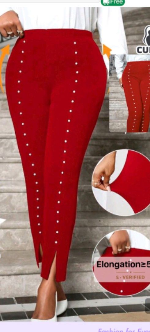 SHEIN Curve Red Pearl Beaded Split Hem Pants (Category: Jeans) located in Manila. Submitted by babeboxtheory (Listing ID 1464900964, Image 1). Description: SHEIN Curve red pants in size 3XL. Textured stretchy fabric with faux pearl bead trim down both legs. Slit design at the ankles. 95% polyester, 5% elastane. Made in China..