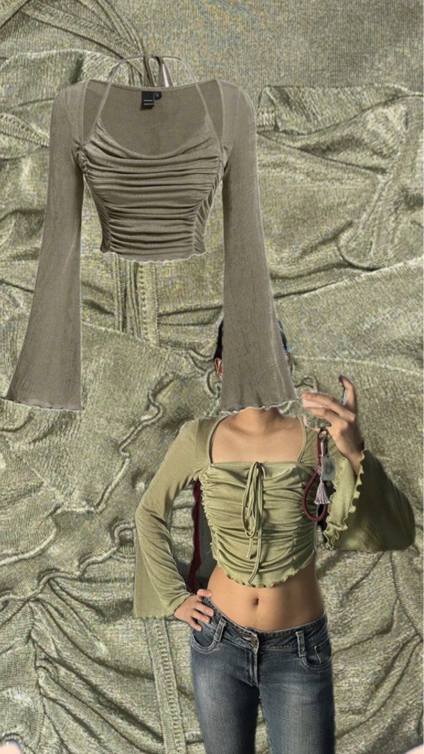 SHEIN Olive Green Ruched Crop Top Size S (Category: Longsleeves) located in Quezon City. Submitted by akikekoku (Listing ID 1464837352, Image 1). Description: - Brand: SHEIN - Color: Olive green - Size: S - Features: Long bell sleeves, front ruching with drawstring, halter neck strap detail - Condition: Worn few times Model: 5’6, 54.