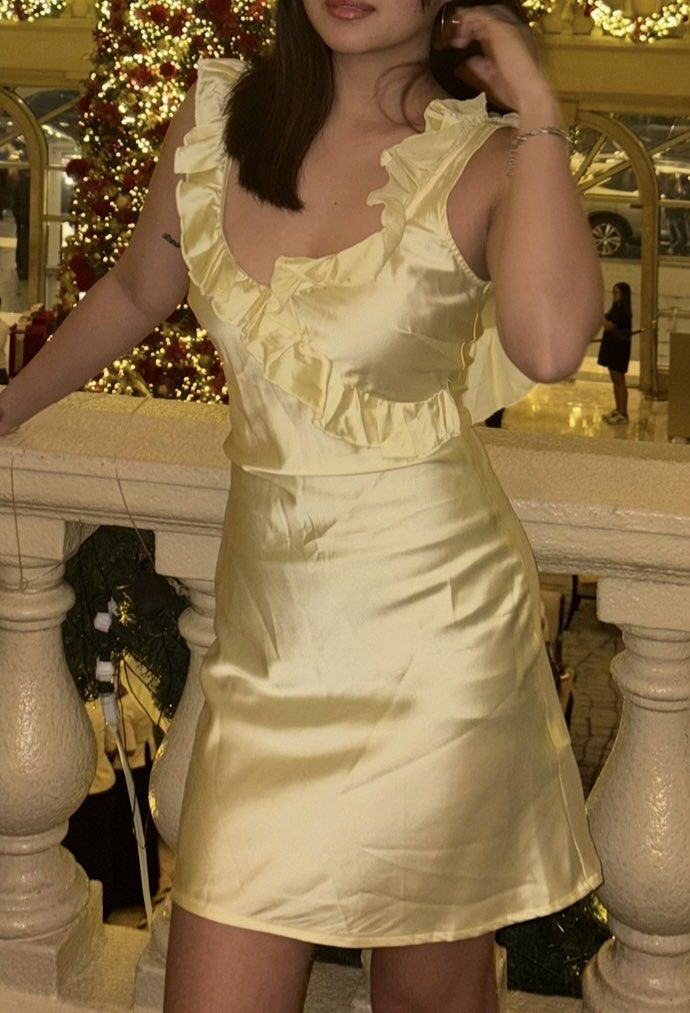 Shein yellow satin backless dress (Category: Dresses) located in Pasay City. Submitted by luvnixx (Listing ID 1464895864, Image 3). Description: Shein yellow backless dress Used once! Size small.