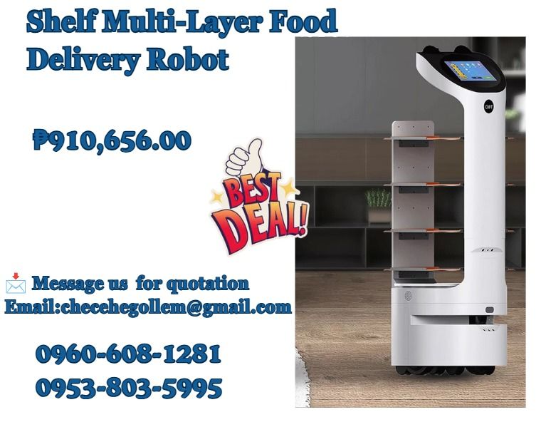 Shelf Multi-Layer Food Delivery Robot (Category: Everything Else Others) located in Caloocan City. Submitted by javierchec55656 (Listing ID 1464779630, Image 1). Description: *Fully autonomous food delivery robot, Automatic return to charge, intelligent obstacle avoidance, intelligent planning delivery path etc. *Size:500mm(W)*1325mm(H) *Net weight:65KG *Display:10.1 inches touch screen+16.5 screen *Speed:0.1-1 m/s *Battery:25Ah *Payload of each 