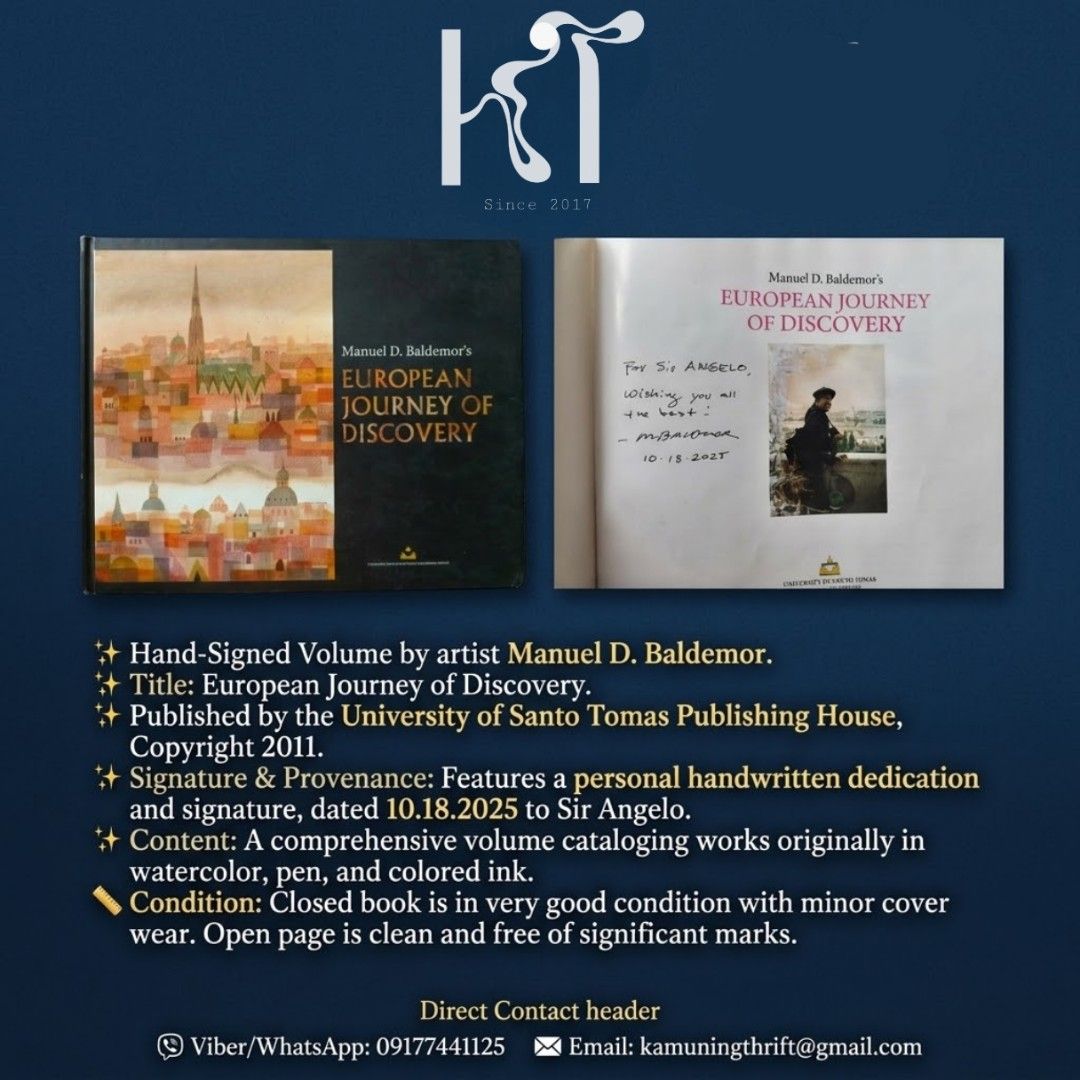 SIGNED Manuel D. Baldemor Book (Category: Vintage Collectibles) located in Makati City. Submitted by kt_exchange (Listing ID 1464804075, Image 1). Description: SIGNED VOLUME: Manuel D. Baldemor's "European Journey of Discovery" A comprehensive catalog of contemporary Philippine art featuring works originally rendered in watercolor, pen, and colored ink. Key Details: Title: European Journey of Discovery. Artist: Manuel D. Baldemor. Publisher: Univ