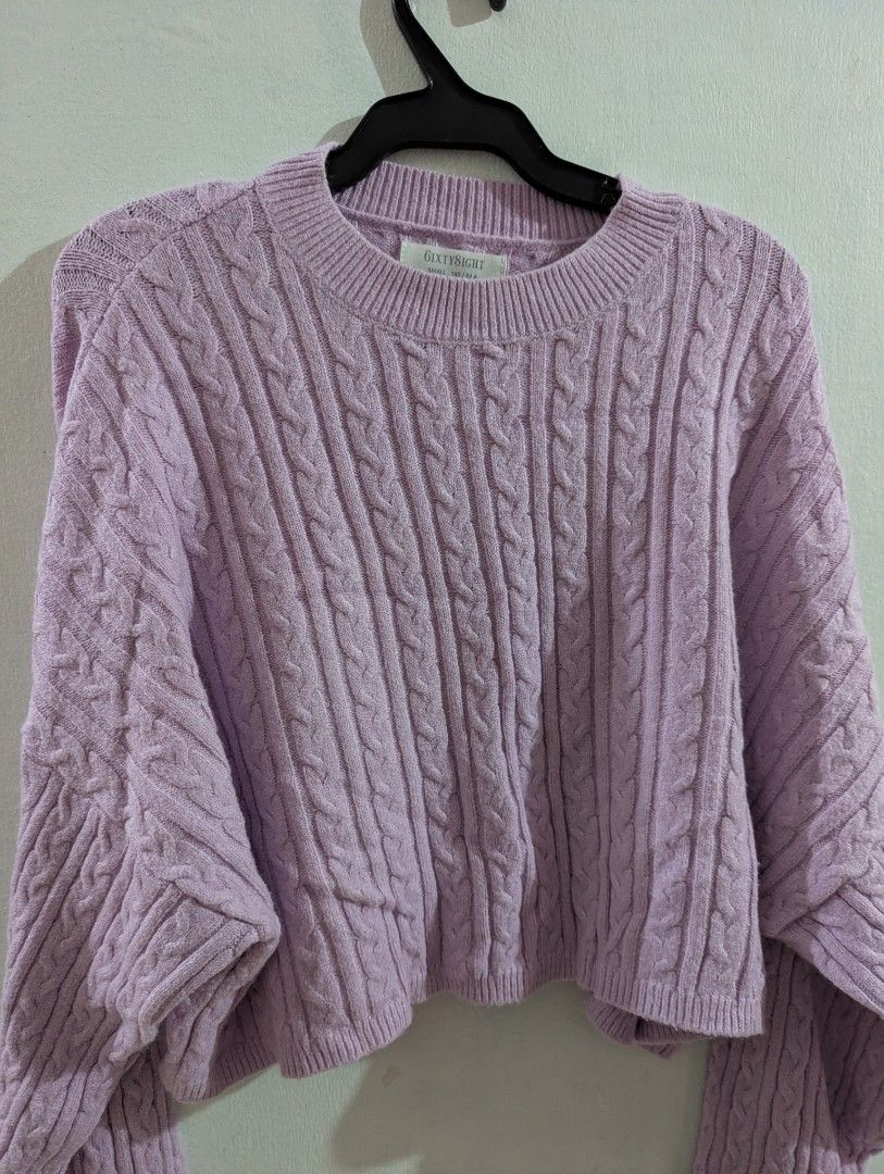 SIXTY8IGHT Purple Cable Knit Cropped Sweater Size S (Category: Longsleeves) located in Marikina City. Submitted by beybera (Listing ID 1464889642, Image 3). Description: - Brand: SIXTY8IGHT - Size: Small (160/84A) - Color: Pastel Purple - Style: Cable knit, cropped length, drop shoulders - Details: Chunky knit texture with ribbed neckline, cuffs, and hem - Condition: Great for layering and super cozy.