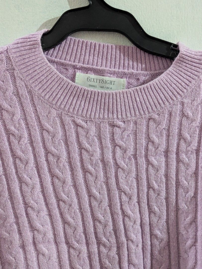 SIXTY8IGHT Purple Cable Knit Cropped Sweater Size S (Category: Longsleeves) located in Marikina City. Submitted by beybera (Listing ID 1464889642, Image 2). Description: - Brand: SIXTY8IGHT - Size: Small (160/84A) - Color: Pastel Purple - Style: Cable knit, cropped length, drop shoulders - Details: Chunky knit texture with ribbed neckline, cuffs, and hem - Condition: Great for layering and super cozy.