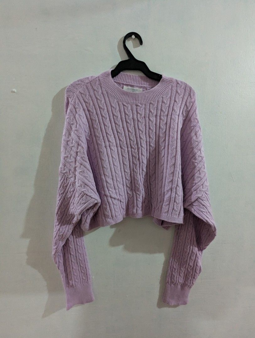 SIXTY8IGHT Purple Cable Knit Cropped Sweater Size S (Category: Longsleeves) located in Marikina City. Submitted by beybera (Listing ID 1464889642, Image 1). Description: - Brand: SIXTY8IGHT - Size: Small (160/84A) - Color: Pastel Purple - Style: Cable knit, cropped length, drop shoulders - Details: Chunky knit texture with ribbed neckline, cuffs, and hem - Condition: Great for layering and super cozy.