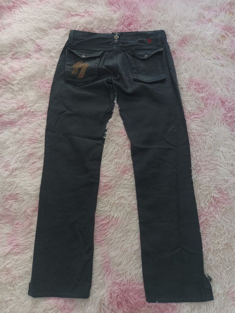 Skull Flight Knockin on Hell's Door Black Pants (Category: Jeans) located in Jolo. Submitted by zah-zah (Listing ID 1464787411, Image 2). Description: - Brand: Skull Flight ('Knockin on Hell's Door' interior tag) - Color: Solid black - Material: Heavy-duty denim build - Features: Zipped ankle hems for easy riding, front D-ring near the waistband - Pockets: Flap back pockets with metal hardware studs and a graphic patch on the left side - Conditio