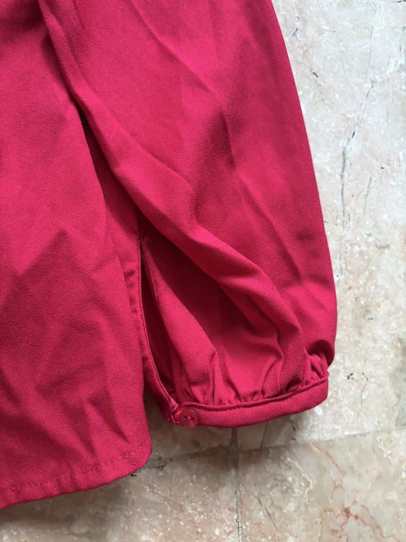 SM Woman Red Wrap-Tie Blouse (Category: Longsleeves) located in Quezon City. Submitted by tidyup.lara (Listing ID 1464862663, Image 3). Description: Size L Shoulder 15” Bust 34” Waist 30” Length 25” Condition 8/10: used but in good condition .